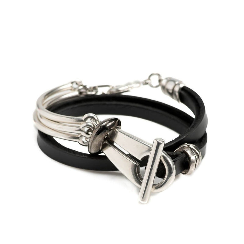 Leather bracelet with funky clasp and metal (BR-351)