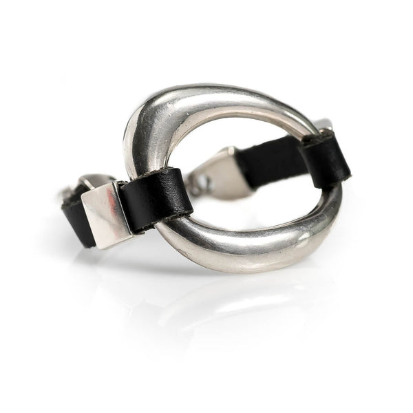 Soft black leather bracelet with metal element (BR-352)