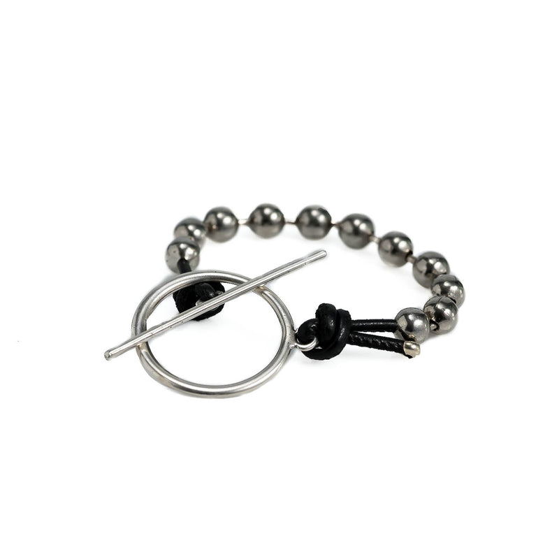 Bracelet with ball chain, leather and ring and bar closure (BR-354)