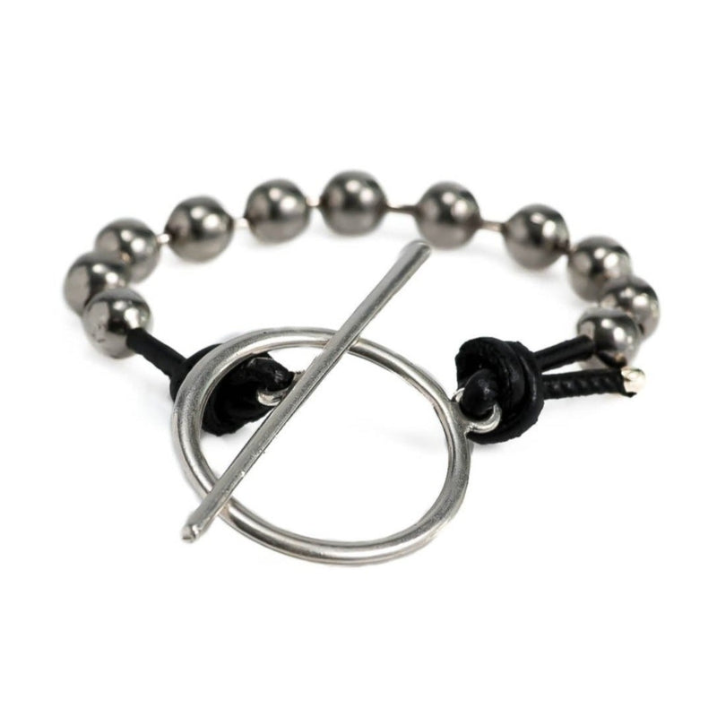 Bracelet with ball chain, leather and ring and bar closure (BR-354)