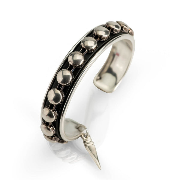 Antique Silver bangle with black leather and silver stud chain (BR-356)