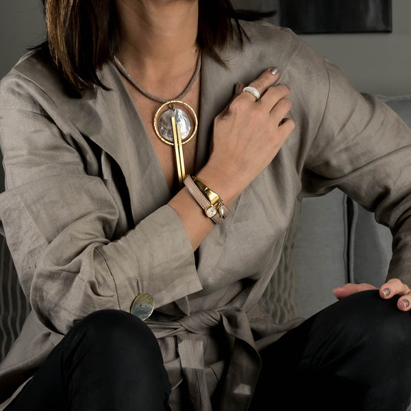 A classy wrap half metal – half leather bracelet (BR-372)​