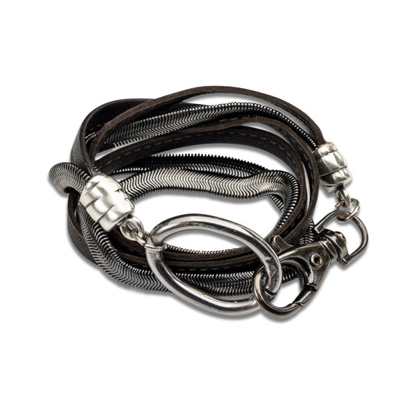 Wrap around leather and chain bracelet with large clasp (BR-382)