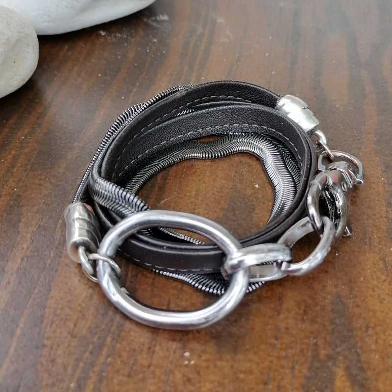 Wrap around leather and chain bracelet with large clasp (BR-382)