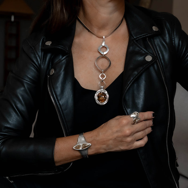 Bold leather and chain Swarovski Choker, Chunky Swarovski tie necklace (NC-1140)​
