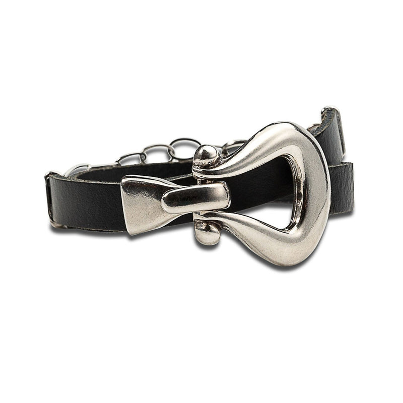 Wrap black leather bracelet with design buckle (BR-401)