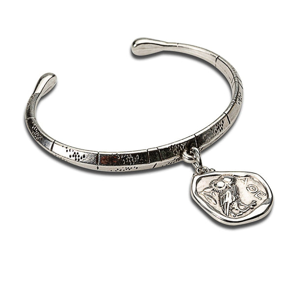 Antique coin bracelet, Silver Greek coin bangle (BR-409)
