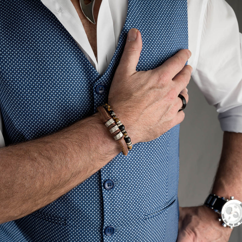 Rough brown leather bracelet with metal hex nuts (M-7013)