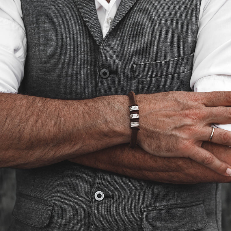 Rough brown leather bracelet with metal hex nuts (M-7013)