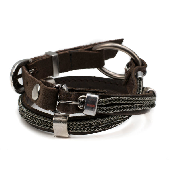 Bracelet with soft dark brown stitched leather and metal elements (M-7021)