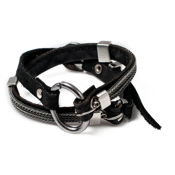 Bracelet with soft black  leather and metal elements (M-7037)