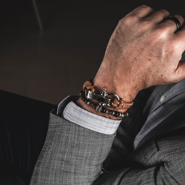 Natural Braided Leather Bracelet with an impressive Rhodium buckle (M-7038)​