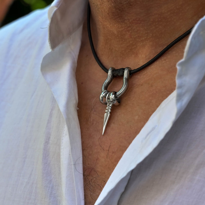 Men's leather and metal layered necklace (M-7057)