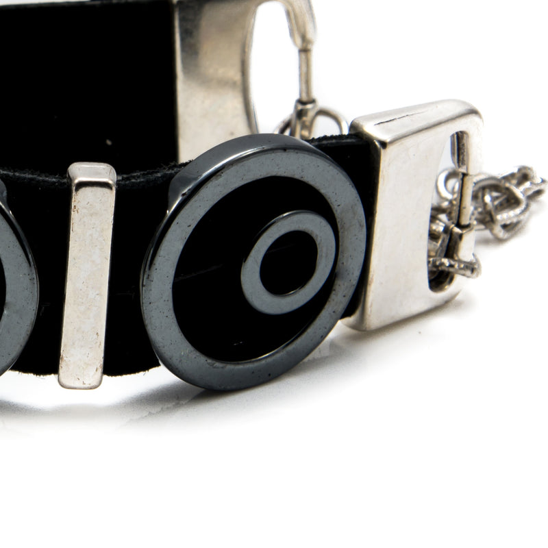 Bracelet With Black Leather, Hematives Designs And Sivler-plated Elements (BR-245)- Othrewise Jewelry+