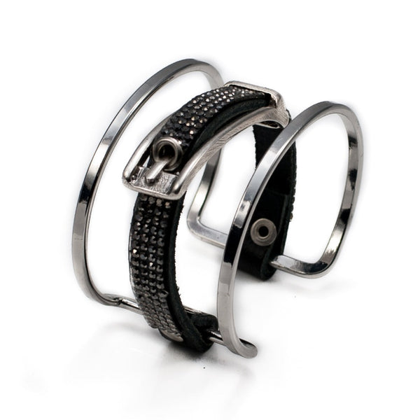 Silver-plated bangle with strass on black leather and buckle attached (BR-278) - Otherwise Jewelry+