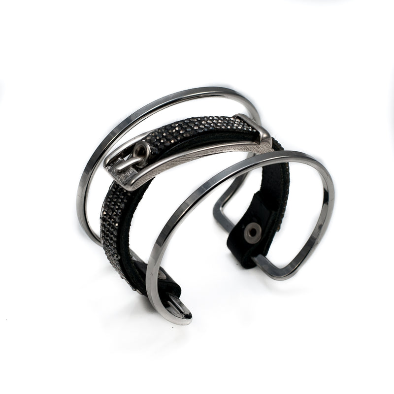 Silver-plated bangle with strass on black leather and buckle attached (BR-278) - Otherwise Jewelry+