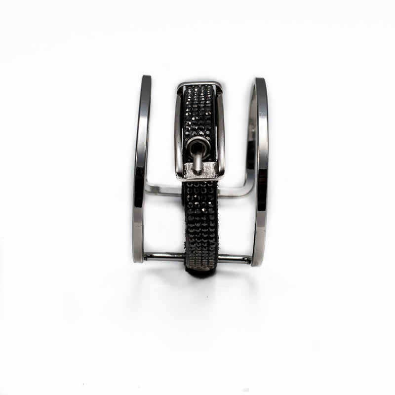 Silver-plated bangle with strass on black leather and buckle attached (BR-278) - Otherwise Jewelry+