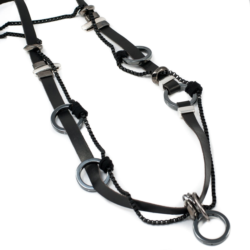 Necklace with Strands of leather and chains in different sizes (NC-1058) - Otherwise Jewelry+
