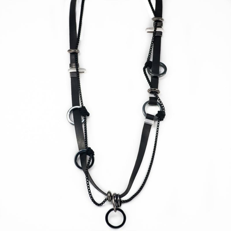 Necklace with Strands of leather and chains in different sizes (NC-1058) - Otherwise Jewelry+