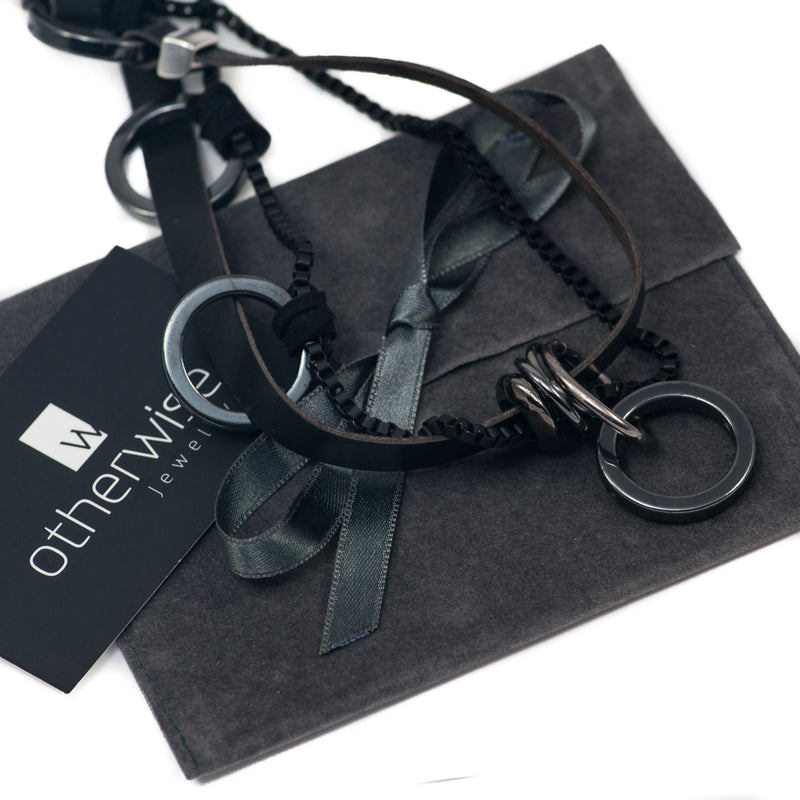 Necklace with Strands of leather and chains in different sizes (NC-1058) - Otherwise Jewelry+