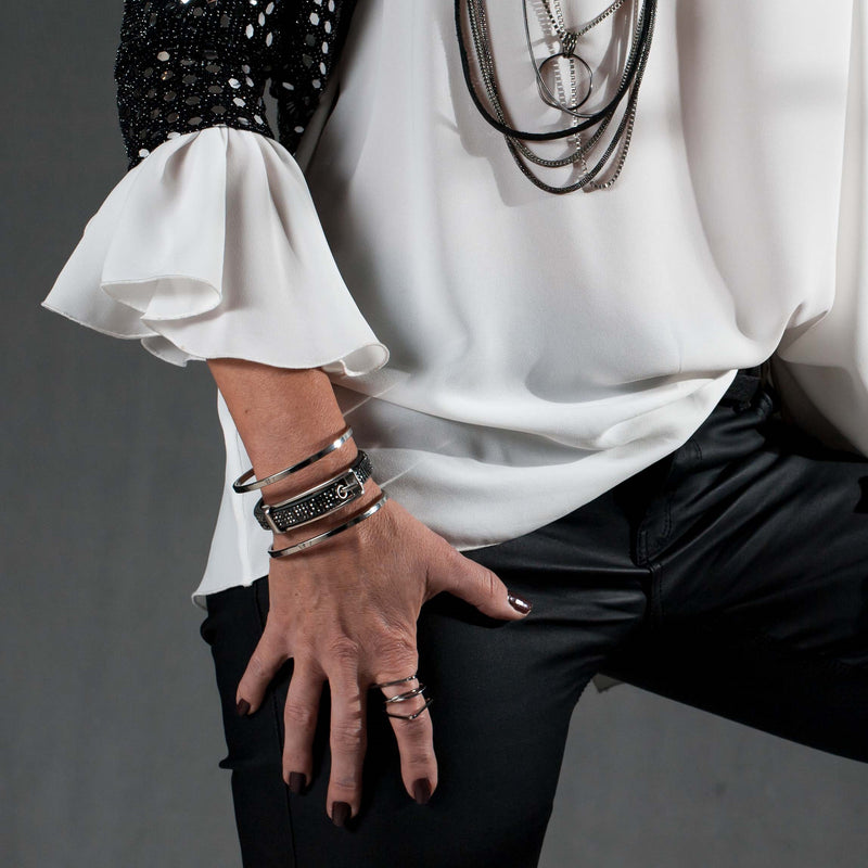 Silver-plated bangle with strass on black leather and buckle attached (BR-278) - Otherwise Jewelry+