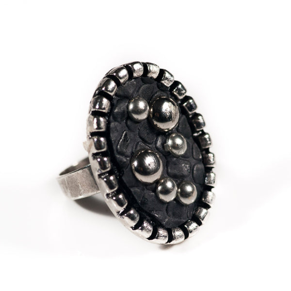 Ring with reptile print leather and metal pieces (R-2024) - Otherwise Jewelry+