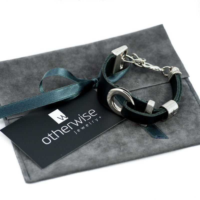 Bracelet - Modern Black Leather Bracelet With Silver-plated Designs (BR-247)