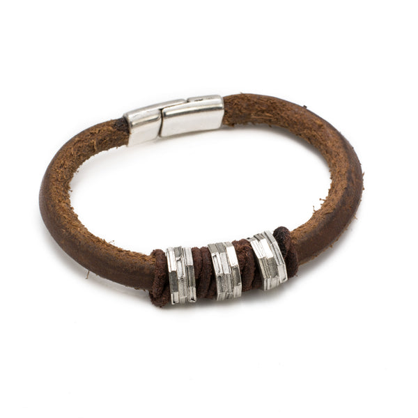 Rough brown leather bracelet with metal hex nuts (M-7013) - Otherwise Jewelry+