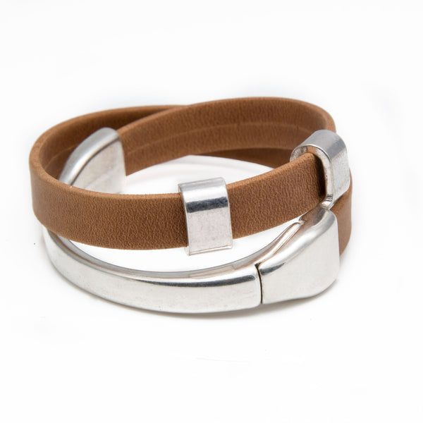 Bracelet with silver-plated component on light brown leather (BR-268) - Otherwise Jewelry+