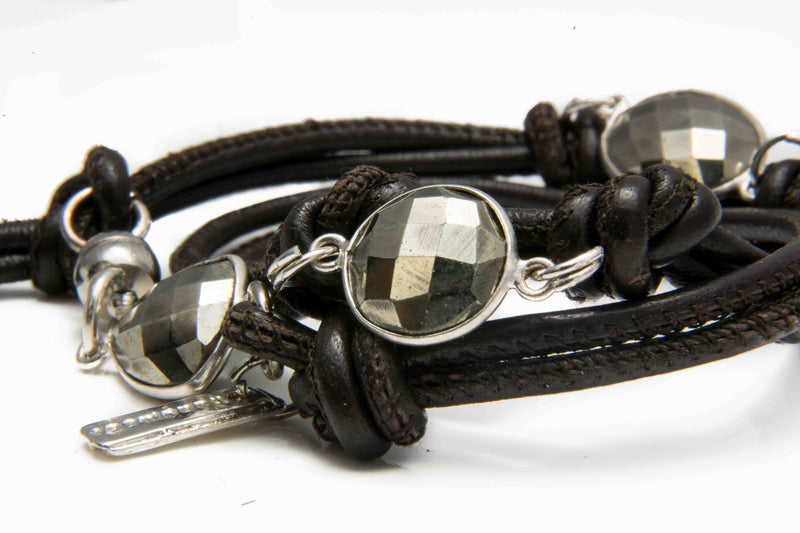 Bracelet - Nappa Stitched Leather Bracelet With Pyrite Stones (BR-257)