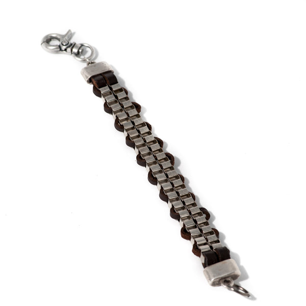 Double chain bracelet interwoven with dark brown leather(M-7019) - Otherwise Jewelry+