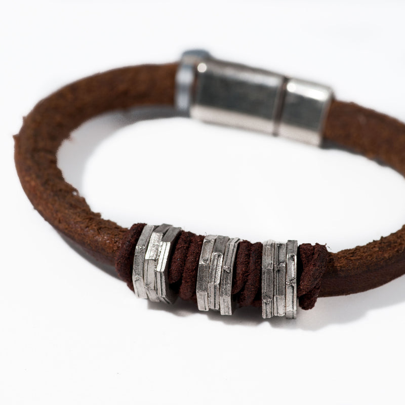 Rough brown leather bracelet with metal hex nuts (M-7013) - Otherwise Jewelry+