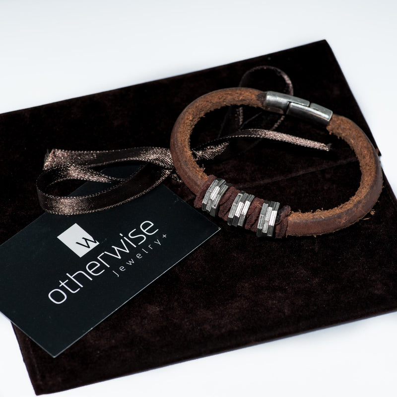Rough brown leather bracelet with metal hex nuts (M-7013) - Otherwise Jewelry+