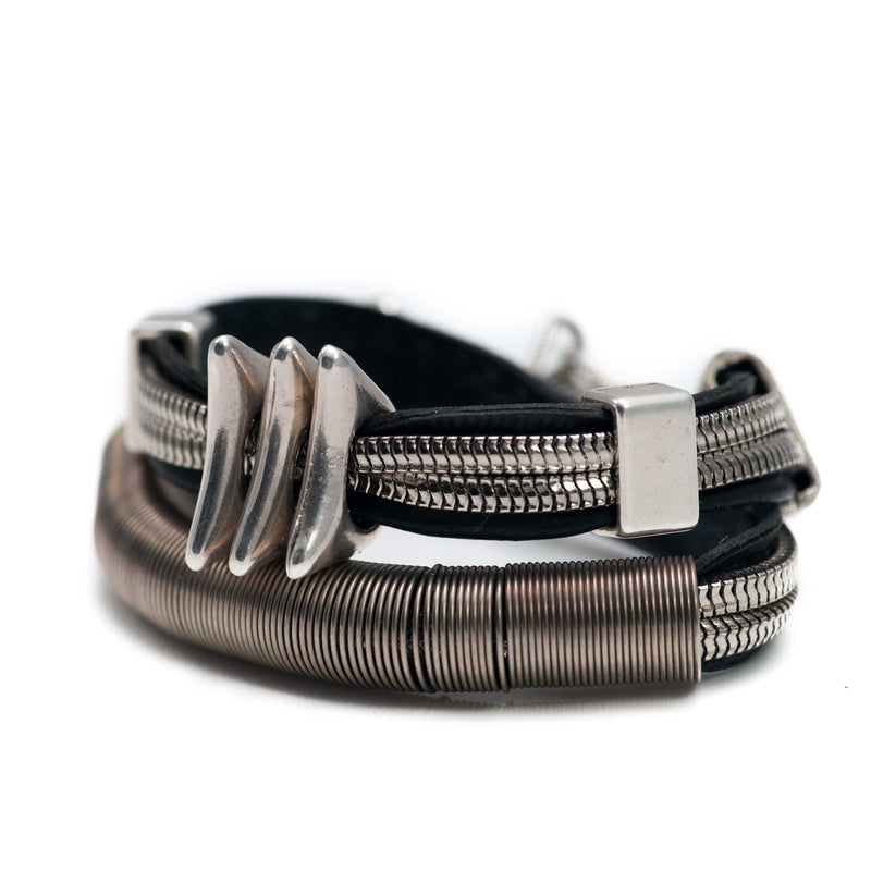 Wrap-around black stitched leather bracelet with silver-plated chains and elements (BR-274) - Otherwise Jewelry+ 5
