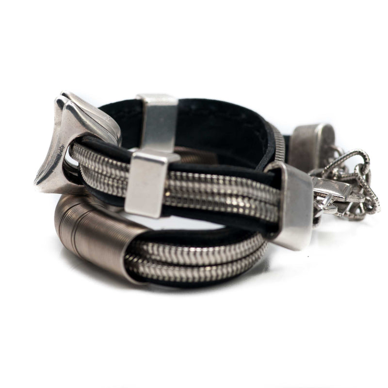 Wrap-around black stitched leather bracelet with silver-plated chains and elements (BR-274) - Otherwise Jewelry+ 4