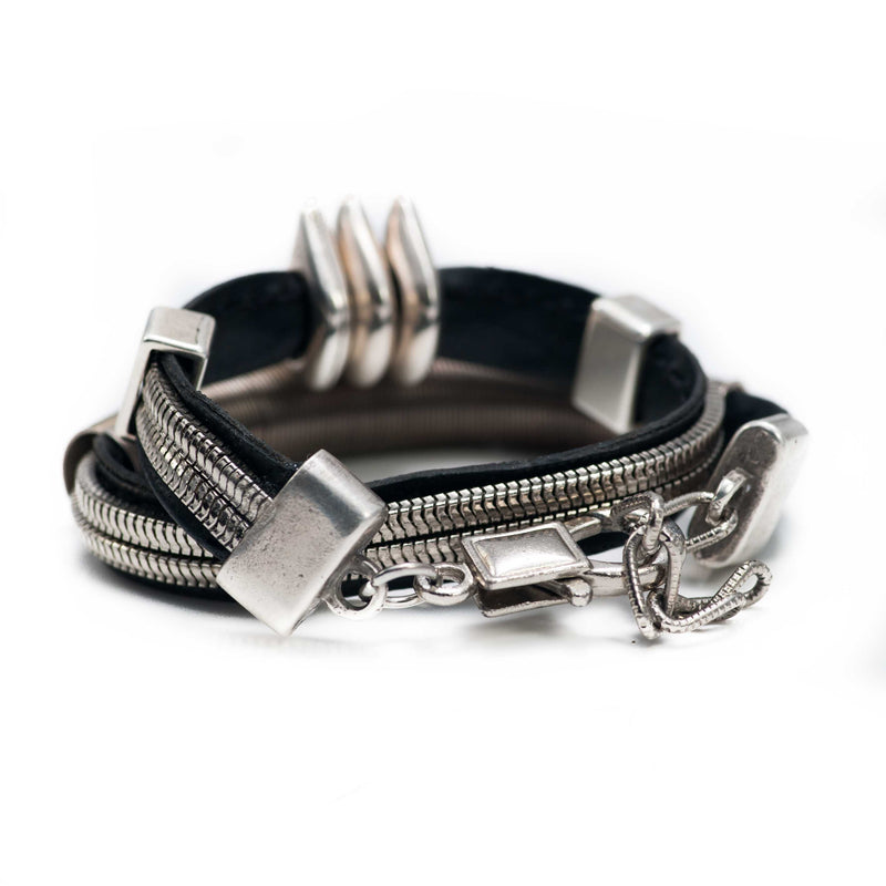 Wrap-around black stitched leather bracelet with silver-plated chains and elements (BR-274) - Otherwise Jewelry +