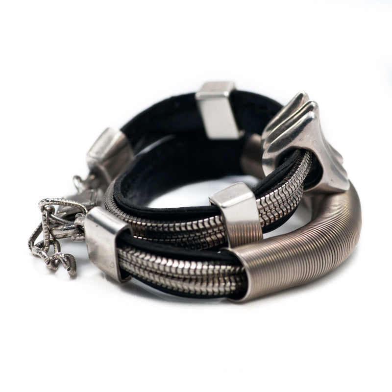 Wrap-around black stitched leather bracelet with silver-plated chains and elements (BR-274) - Otherwise Jewelry +2
