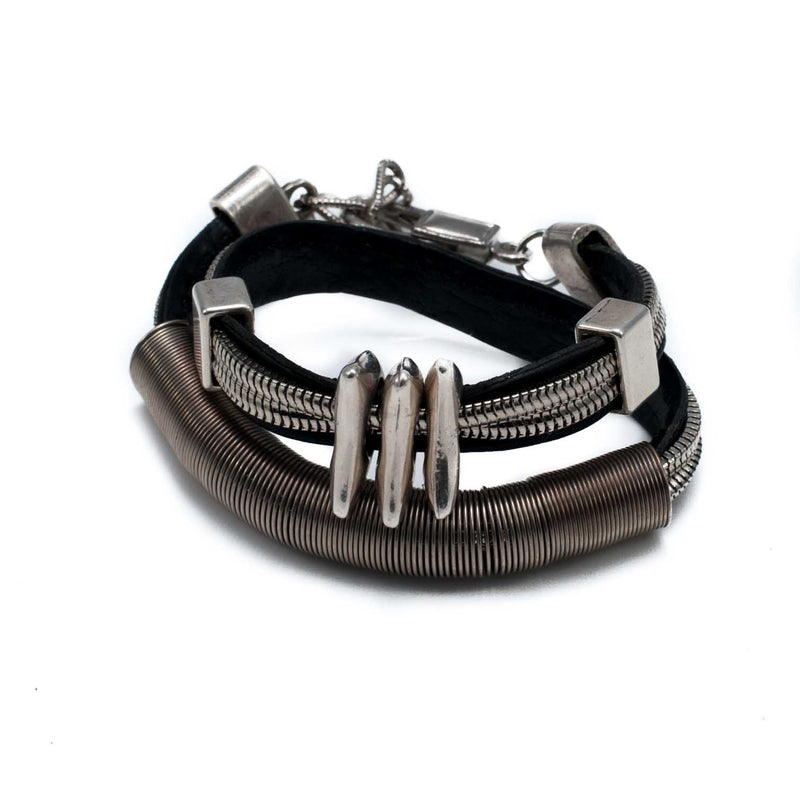 Wrap-around black stitched leather bracelet with silver-plated chains and elements (BR-274) - Otherwise Jewelry +