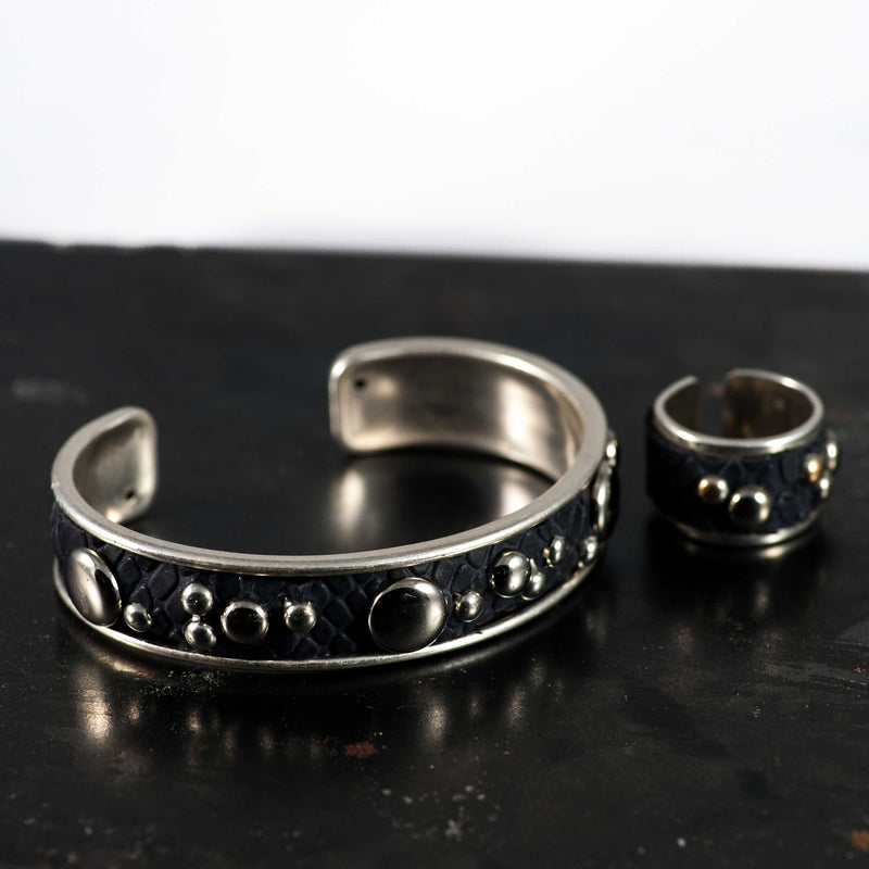 Ring with reptile print leather and metal pieces (R-2023) - Otherwise Jewelry+