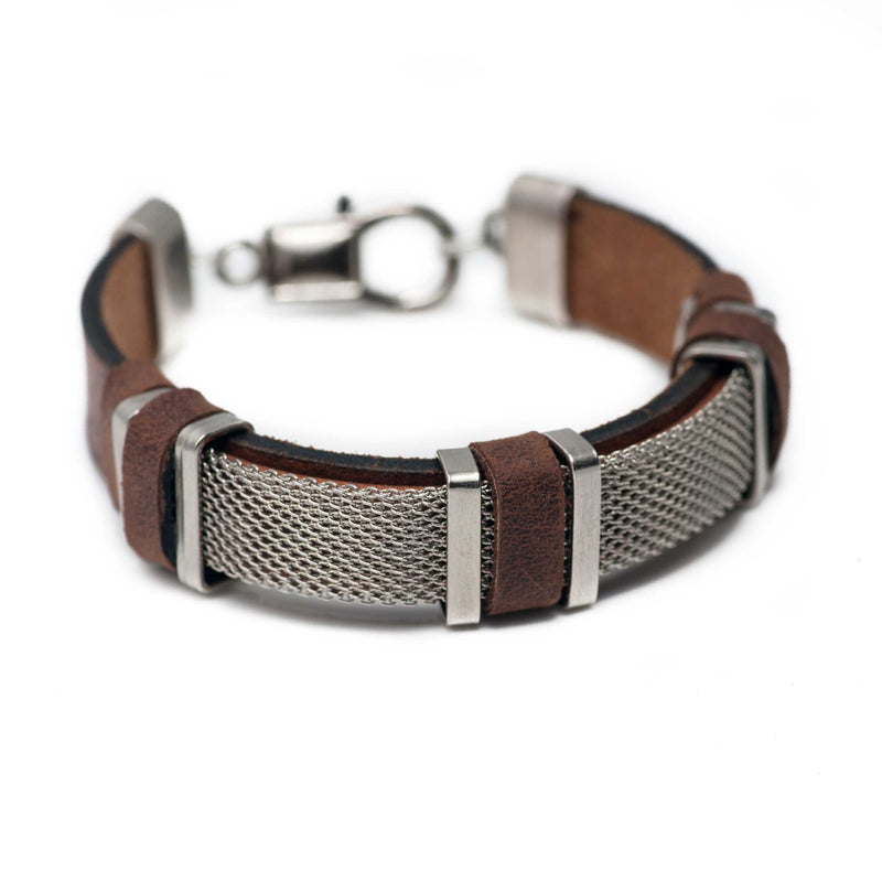 Men’s bracelet with flat silver chain on leather (M-7025) - Otherwise Jewelry+ 