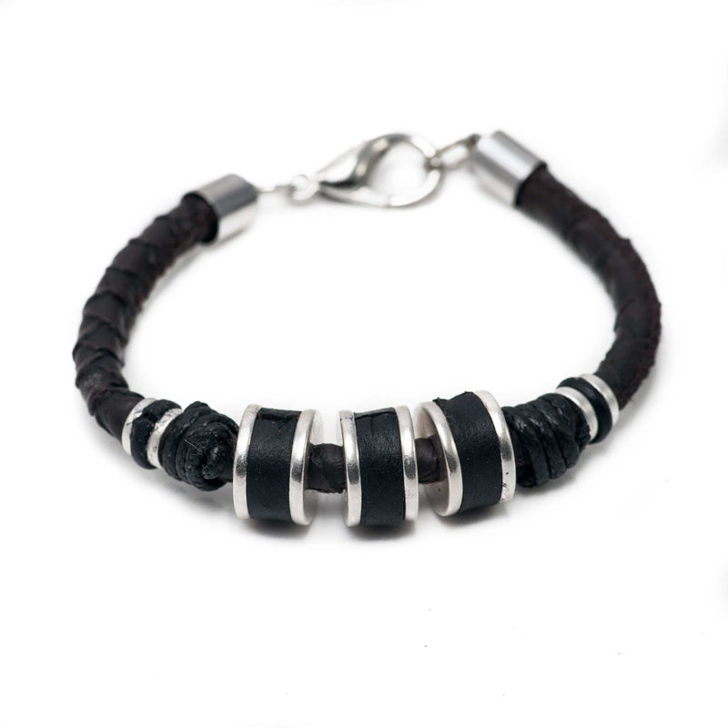Men’s bracelet with strong silver-plated and leather elements on PU leather (M-7026) - Otherwise Jewelry+ 