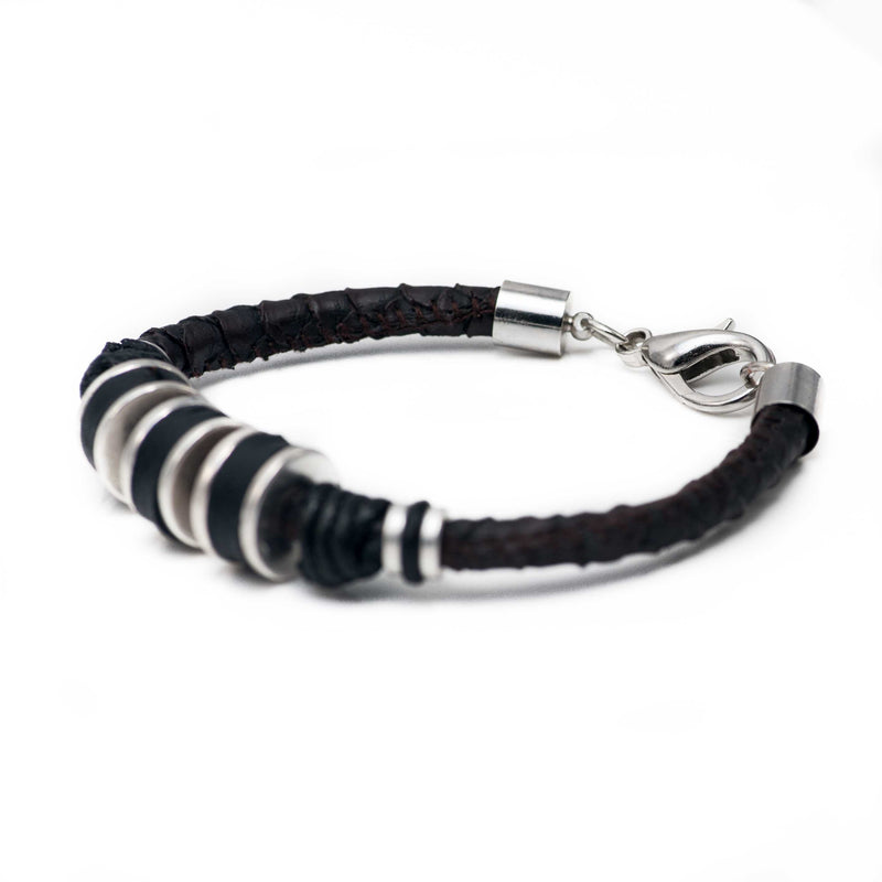 Men’s bracelet with strong silver-plated and leather elements on PU leather (M-7026) - Otherwise Jewelry+