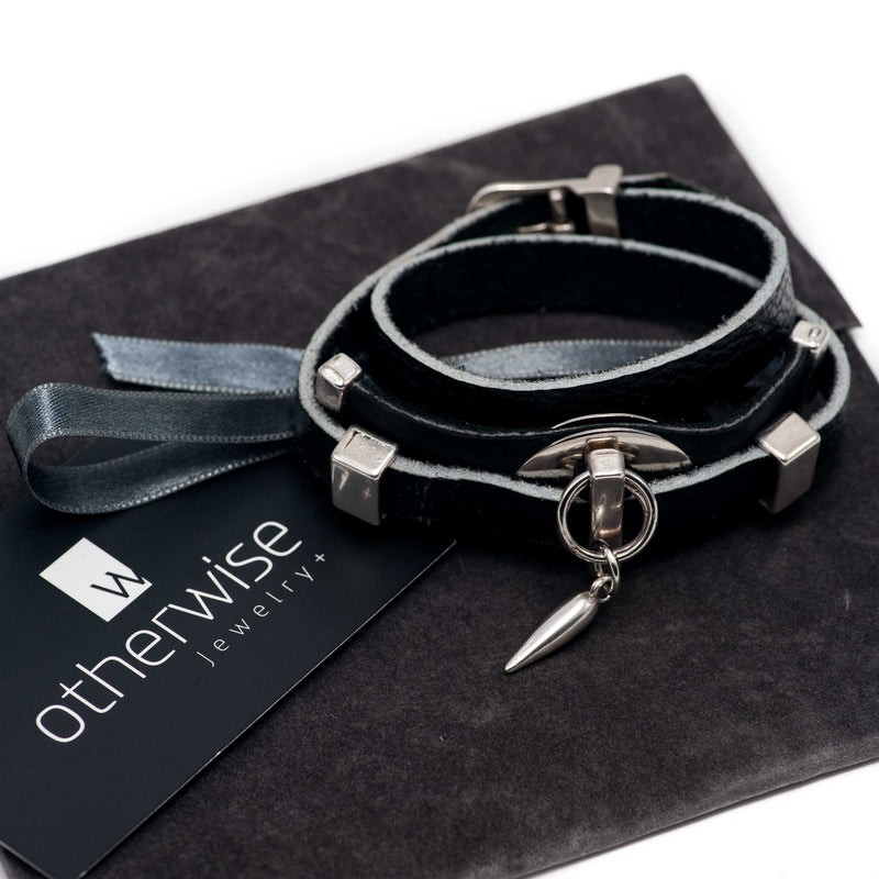 Black leather bracelet with silver-plated designs (BR-273) - Otherwise Jewelry+ 5