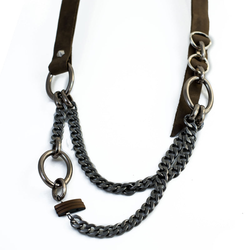 Necklace - Necklace With Khaki-beige Rough Leather And Iron Chains (NC-1028) - Otherwise Jewelry+
