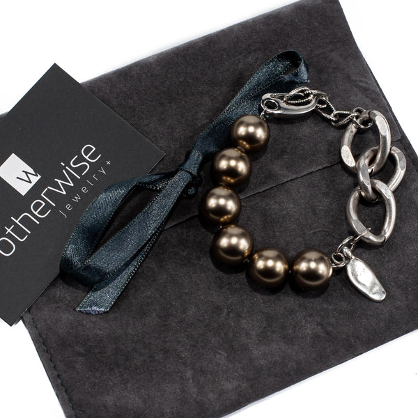 Shell Pearl bracelet in bronze tones with thick silver-plated brass chain (BR-301) - Otherwise Jewelry+