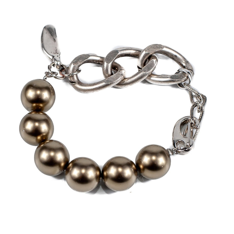 Shell Pearl bracelet in bronze tones with thick silver-plated brass chain (BR-301) - Otherwise Jewelry+