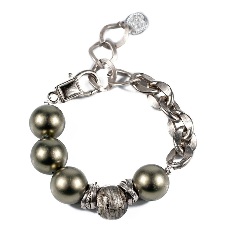 Shell Pearl bracelet in green tones with thick silver-plated brass chain (BR-309) - Otherwise Jewelry+