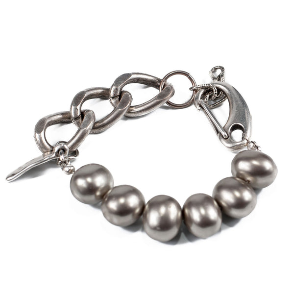 Shell Pearl bracelet in silver tones with thick silver-plated brass chain (BR-310) - Otherwise Jewelry+