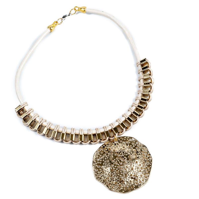 Necklace with textured gold-plated pendant, edgy chain woven with cream metallic leather strands(NC-1067) - Otherwise Jewelry+