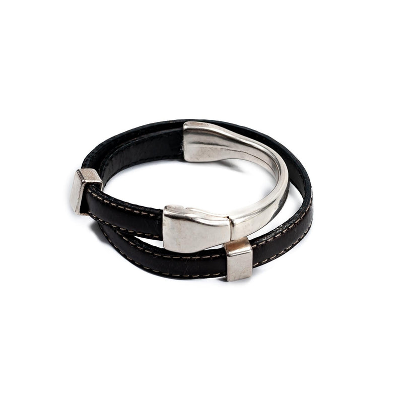 Bracelet with double stitched dark brown leather and silver-plated component (BR-286) - Otherwise Jewelry+